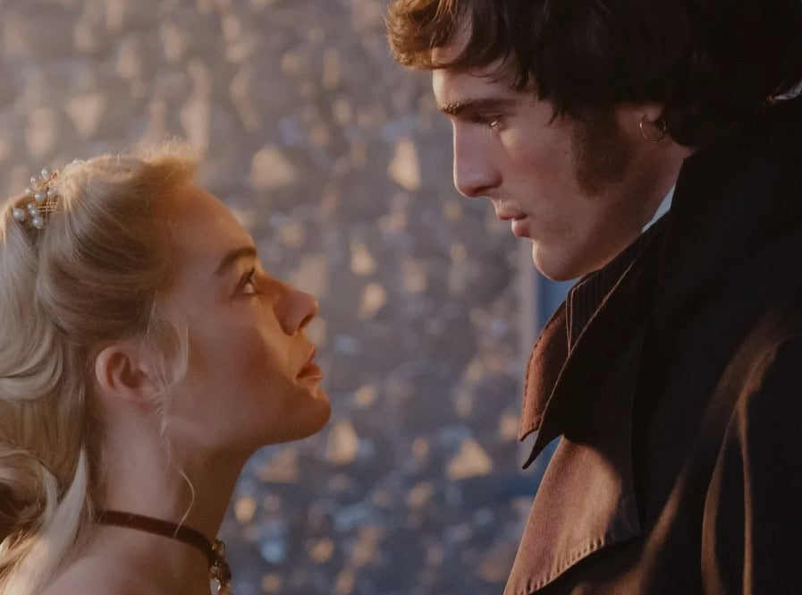 Romantic medieval scene with a young couple gazing at each other.